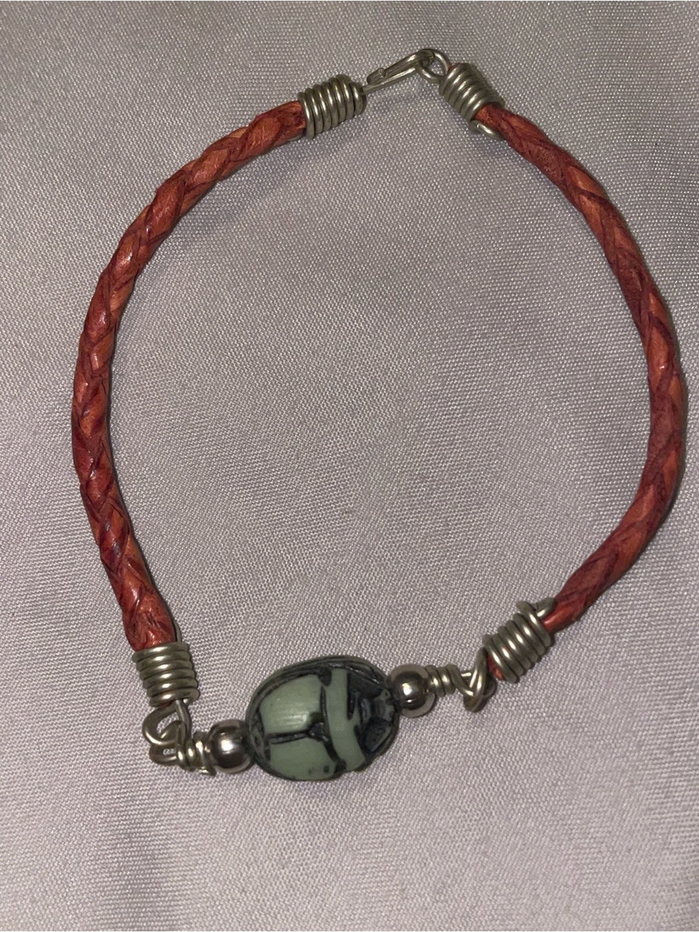 Handmade Red Braided Leather Bracelet with Green Stone Accent